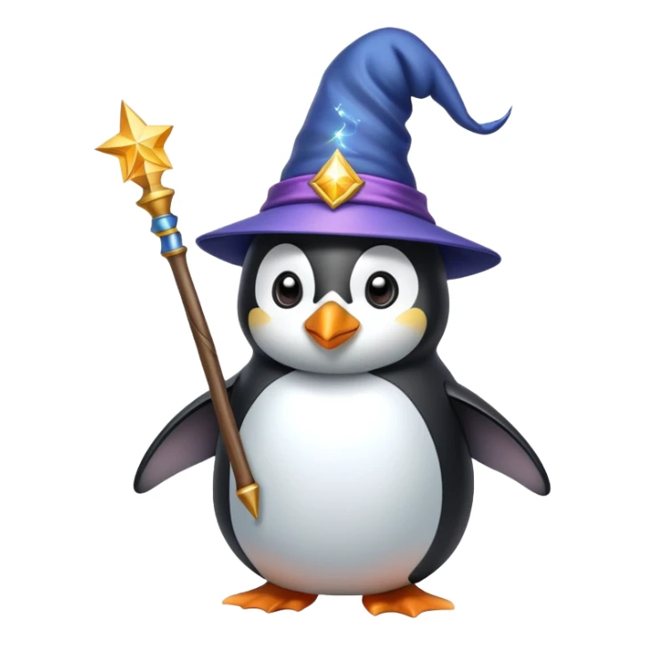 a penguin wearing a wizard hat and holding a magic wand sticker