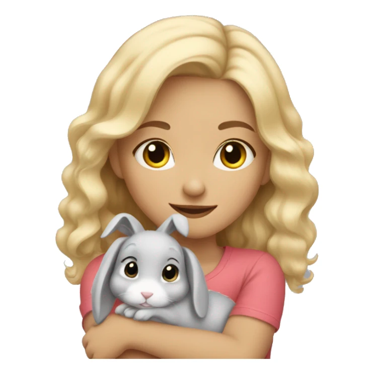 Blond wavy hair girl cuddling a cute grey rabbit sticker