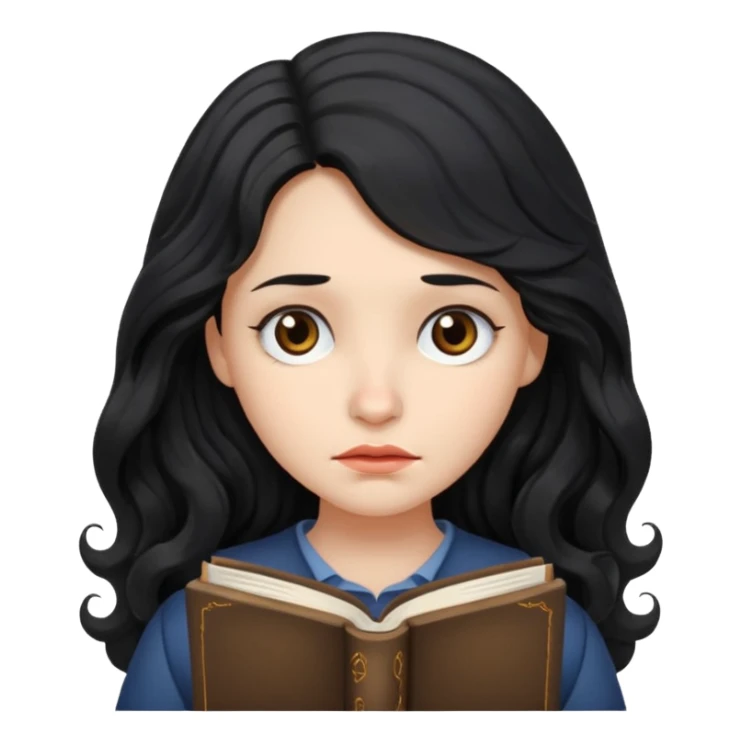 Long Hair Women with Book, Black wavy hair, sad

 sticker
