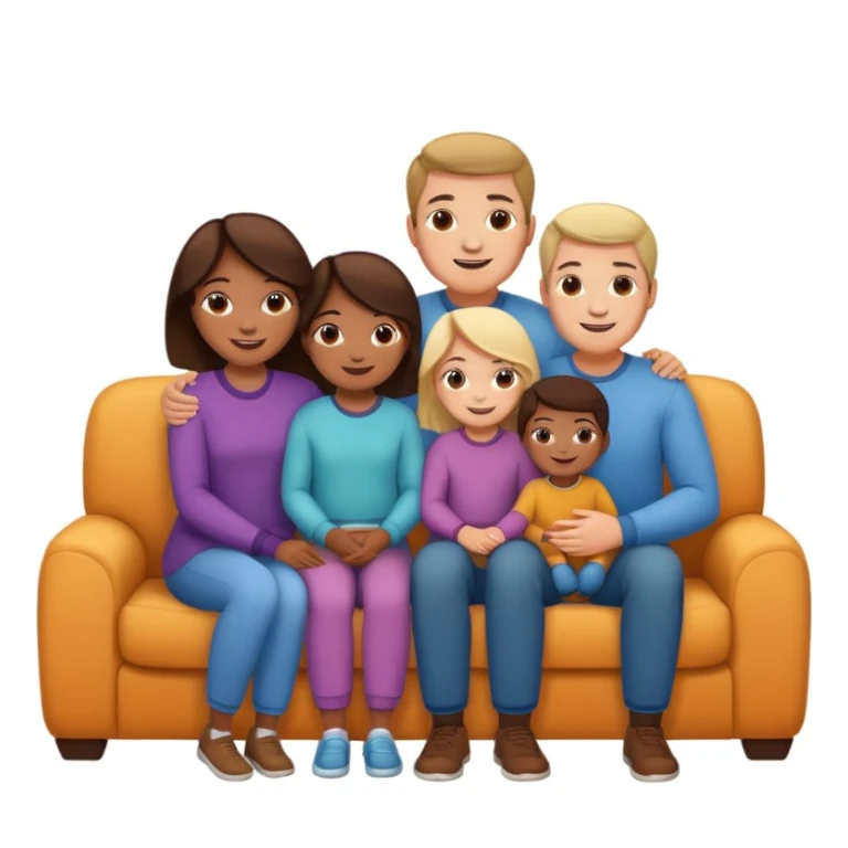 family posing for photo, living room background sticker