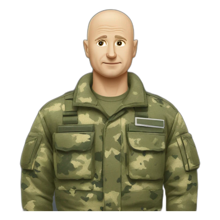 prigoZhin eugene points back in camouflage uniforms bald head speak mobile phone sticker