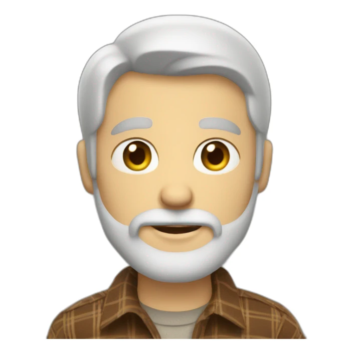 Bearded white guy, wearing a brown flannel shirt. His eyes are colored gray sticker