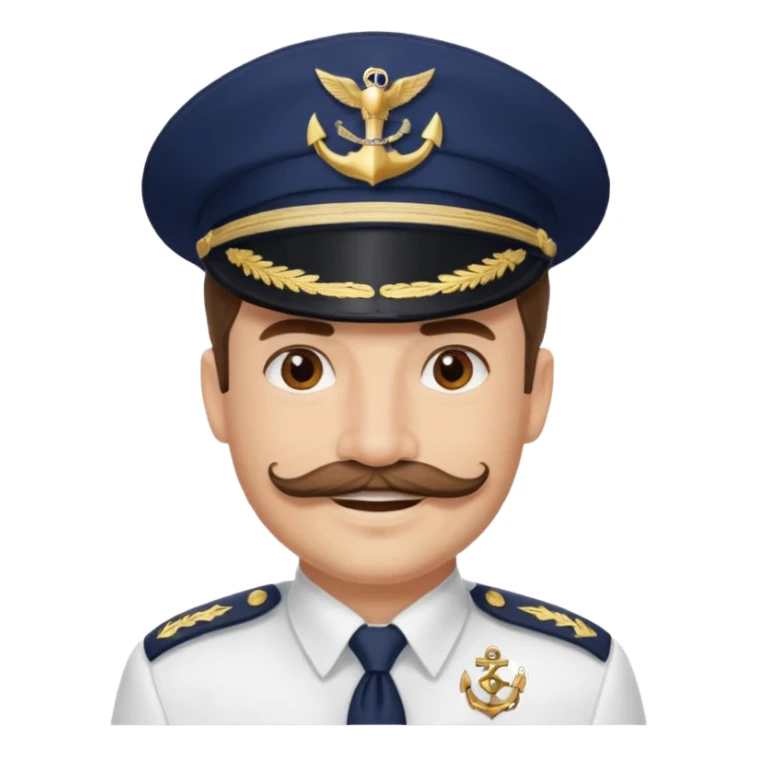 A light-skinned man with brown eyes and handlebar mustache, smiling while wearing a white captain’s hat with a navy emblem. sticker