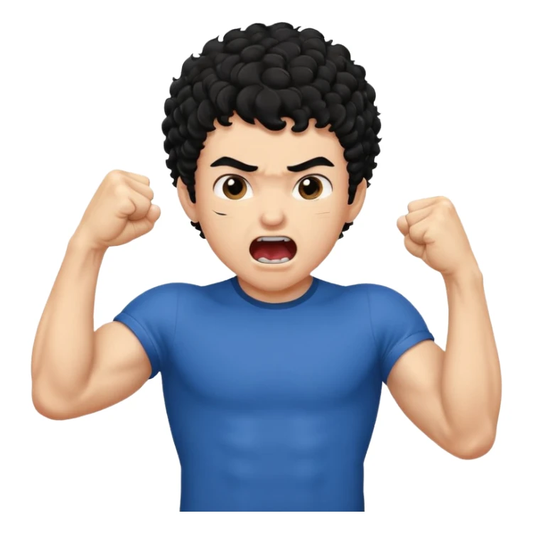 Emoji di ragazzo con capelli neri e ricci che urla e che fa vedere il muscolo del braccio e che fa questo gesto ✊🏻 sticker