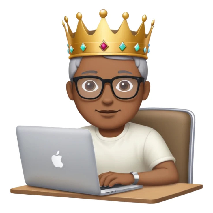 Man in glasses with crown on his head sat at the desk with MacBook  sticker