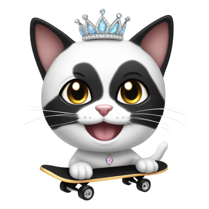 Grinning Black and white cat skateboarding wearng crystal tiara sticker