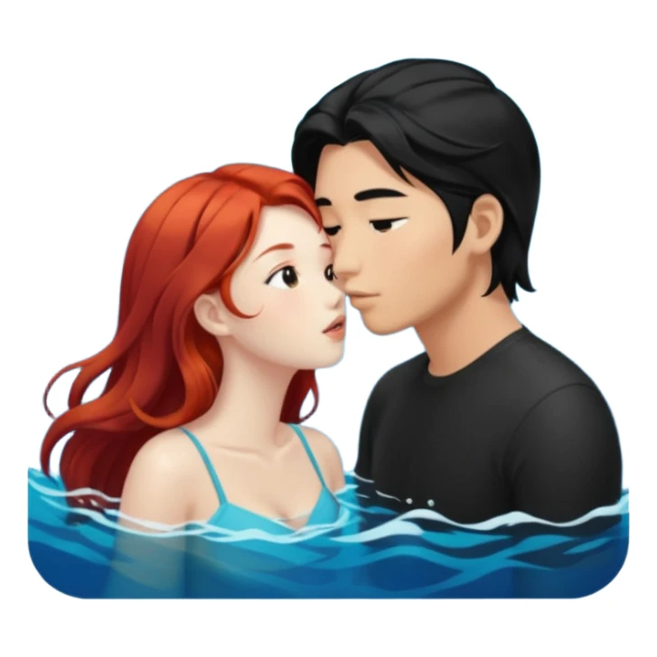 long black haired asian guy kiss redhead girl in ocean sticker