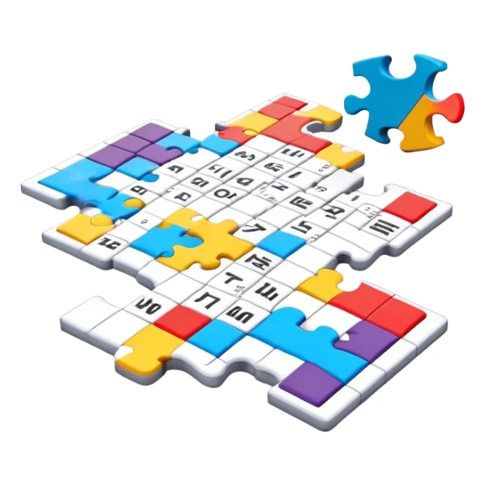 A photorealistic icon with a colorful, fragmented puzzle piece, a crossword magazine, a 3D puzzle, and a partially completed puzzle on a table. Bright, detailed design with realistic lighting. Transparent background, clearly symbolizing puzzles and brain games. sticker