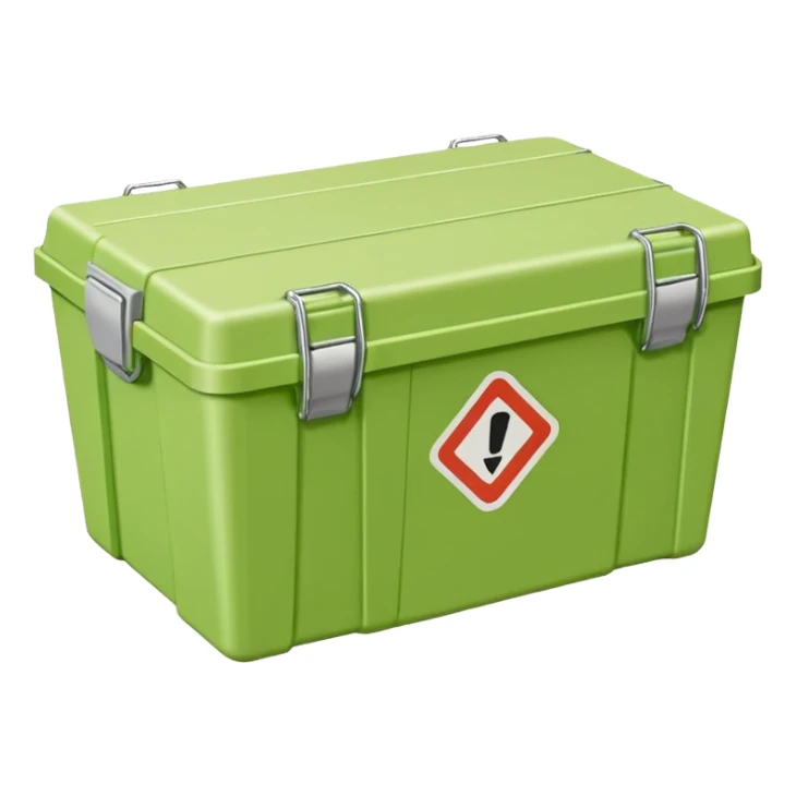 light green plastic shipping box with shipping stickers on the sides sticker