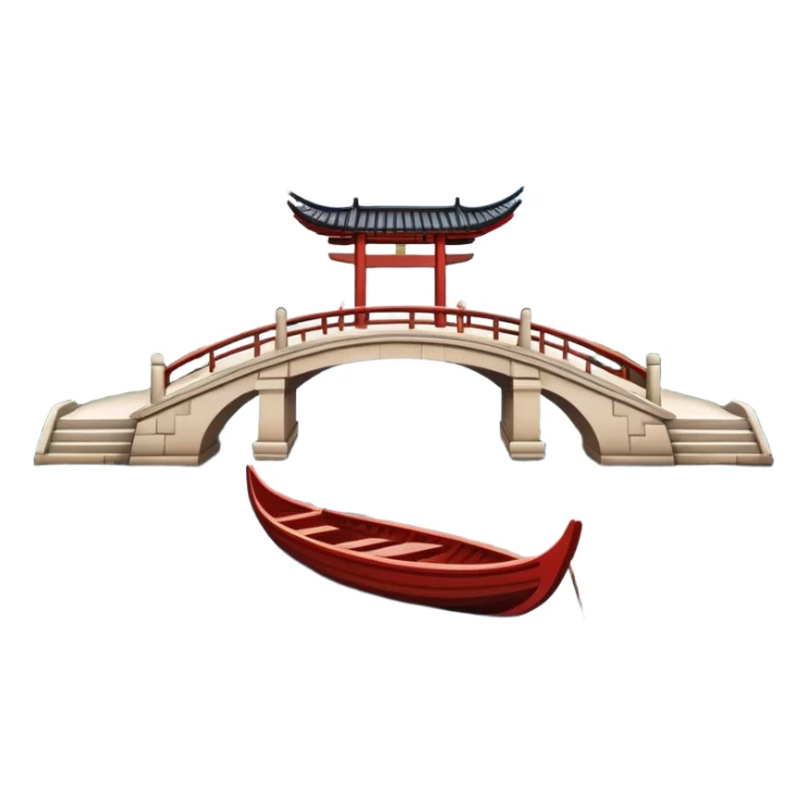 West Lake with Broken Bridge and small boat, Hangzhou, symmetrical composition, simplified emoji style with bold outlines, traditional Chinese arch bridge over water with a small wooden boat beneath sticker