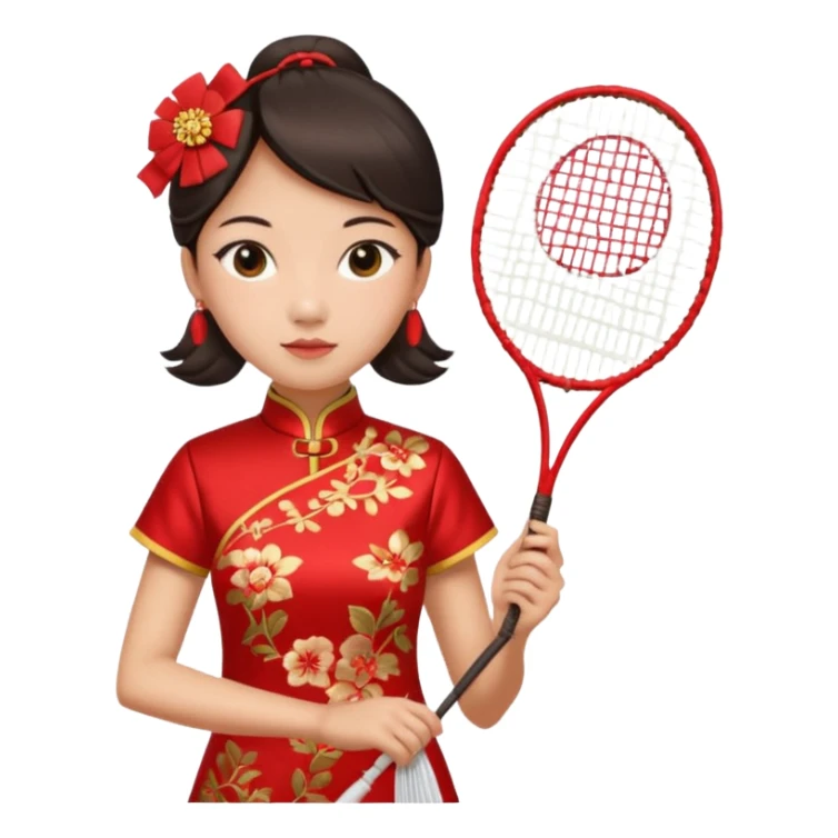 ancient cheongsam girl with 1 badminton racket, red sticker