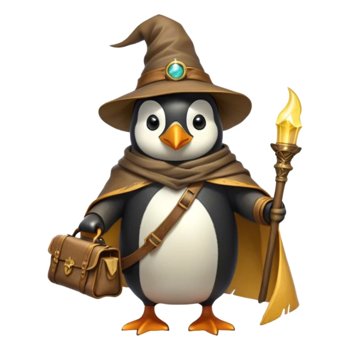 A wizard-explorer penguin inspired by Indiana Jones, wearing a weathered yellow enchanted hat and a flowing cape. It carries a leather satchel with ancient scrolls and holds a glowing magical relic. Cartoon-style, smooth shading, highly detailed, no background sticker