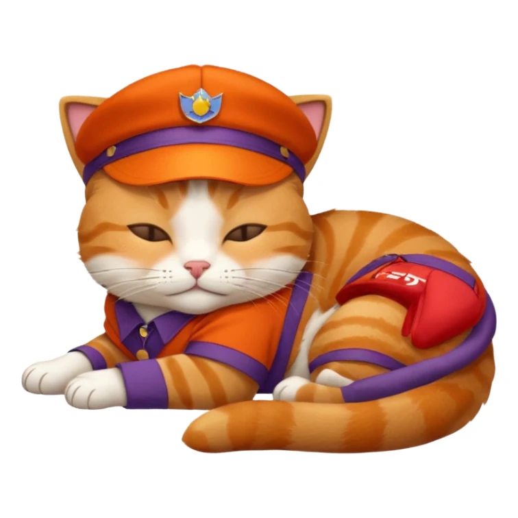 emoji of sleeping cat, its pose is lying, it has on his head FedEx uniform cap, red color sticker