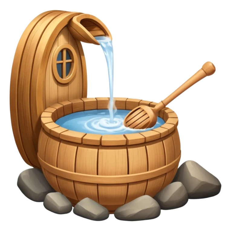 Ladle pouring water onto sauna rocks with steam sticker