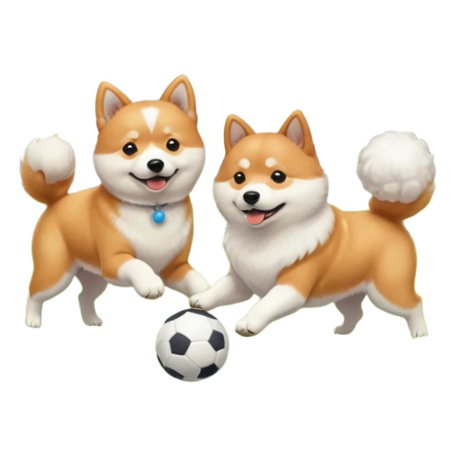 2 dogs, one ginger shiba inu and one white coton de tulear, playing with a ball in a sunny garden sticker