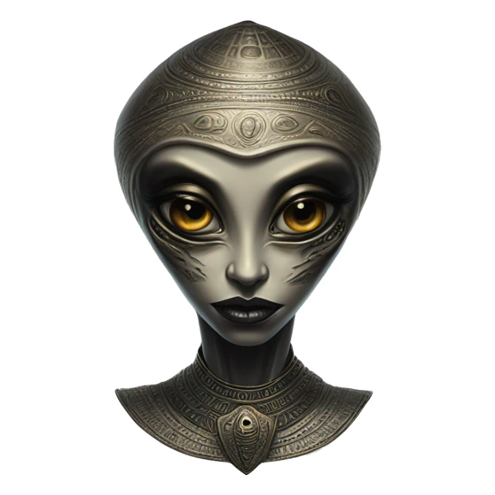 Mysterious UFO alien in Aladdin style, oil paint, black eyes, intricate lips, masterpiece portrait, beautiful, desirable, logical, Arabic sticker