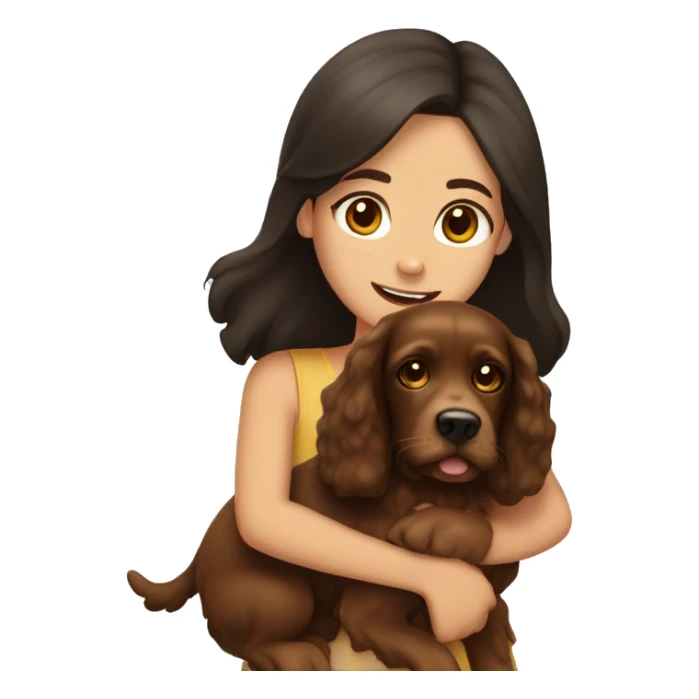 A girl with dark hair and light eyes hugs a brown spaniel sticker