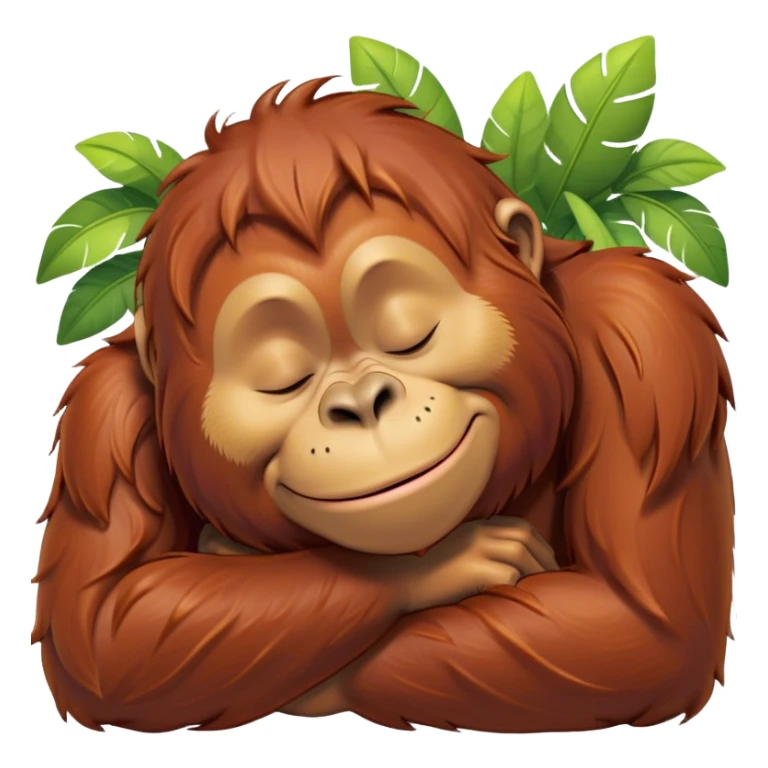 Meme-Worthy cute Sleeping Orangutan Portrait Emoji, Head resting peacefully with a contented smile, showcasing luxuriously soft fur and eyes gently closed in serene slumber, Simplified yet comically adorable features, highly detailed, glowing with a soft, drowsy jungle light, high shine, relaxed and utterly lovable, stylized with an air of playful laziness, bright and heartwarming, soft glowing outline, capturing the essence of a sleeping orangutan that feels destined to become the next viral icon of adorable rest! sticker