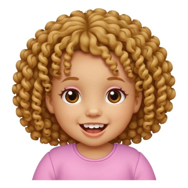 baby girl emoji, curly hair, two upper and lower teeth, cheerful expression sticker