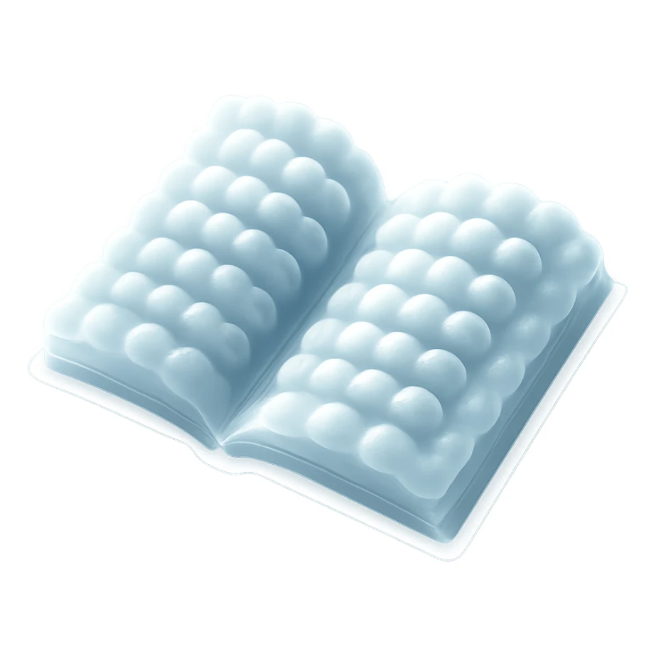 thick open book top view, fully made of small very bright white fluffy convex clouds, matte glass style, no background sticker
