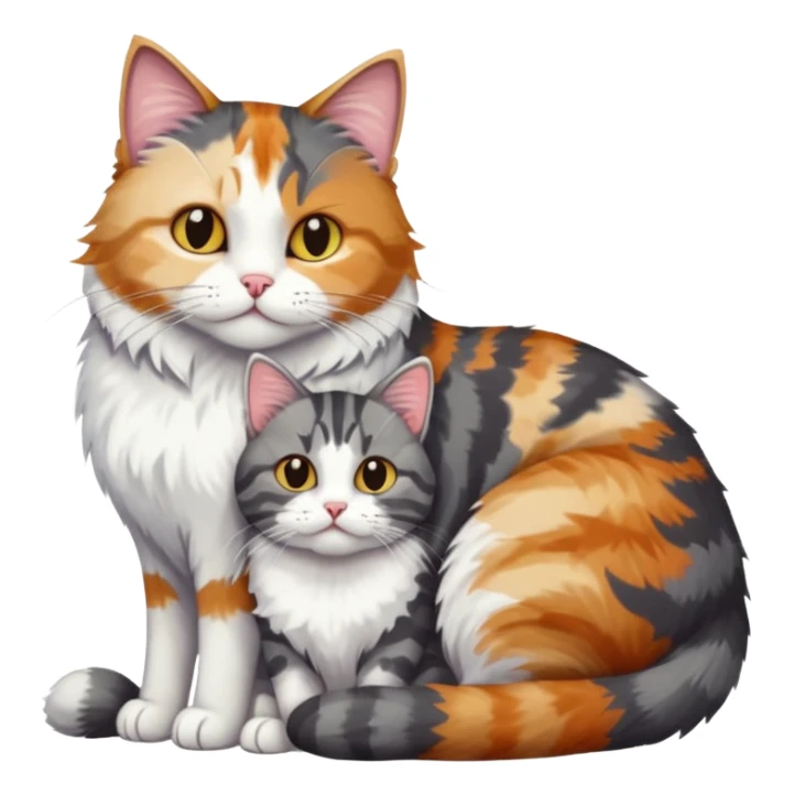 full body colourful light patched calico + white tabby cat cuddling a bigger cat that is dark grey and white tabby cat  sticker
