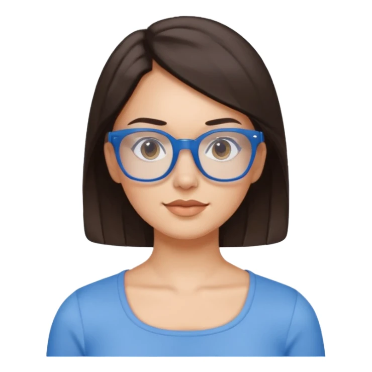 mujer de 30 años, cabello marron oscuro, ANTEOJOS CELESTE BLANCOS, top celeste escote cuadrado, piel blanca, cara redonda sticker