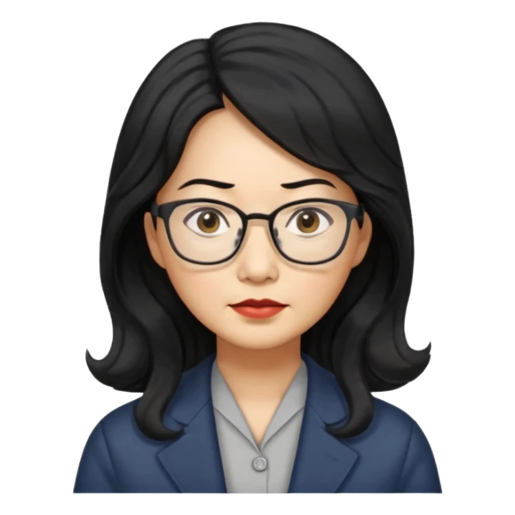 manager, middle-aged Asian woman, long wavy hair, small rectangular metal glasses, serious look sticker