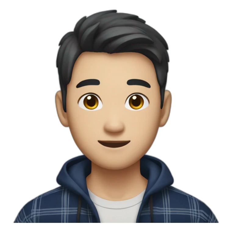A asian young man with no beard,  short brown hair, exuding confidence, clad in a navy blue checked flannel shirt. sticker