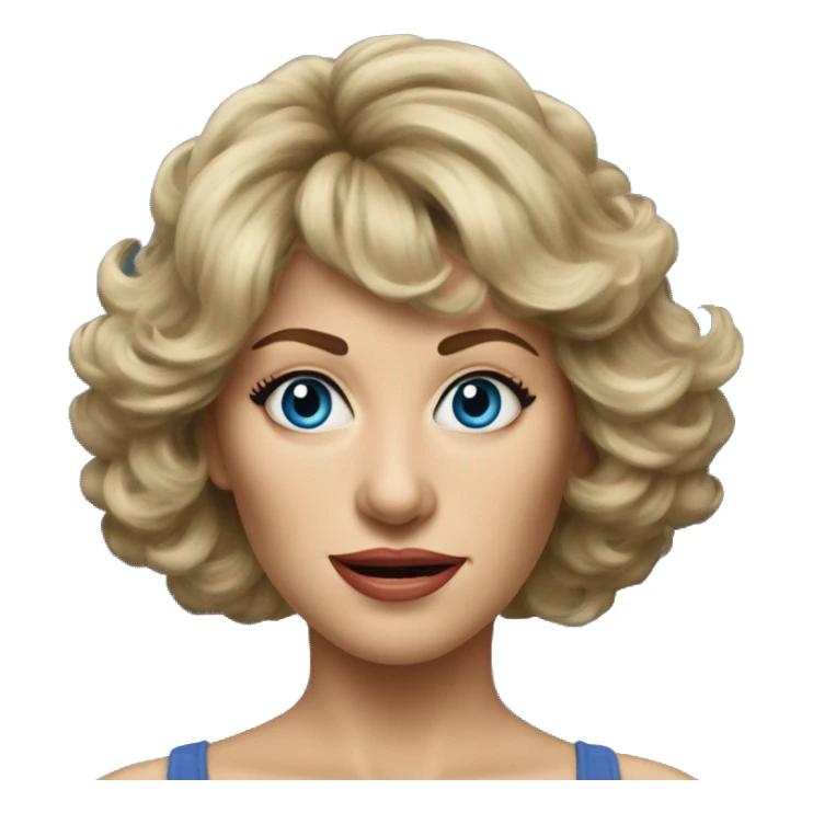 Medium length Dirty blonde big hair with bangs all across forehead and sides swept away from face woman of 60 with blue eyes  sticker