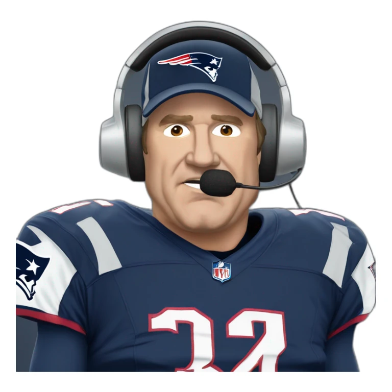 bill belichick, new england patriots, front facing with headset andmicrophone sticker