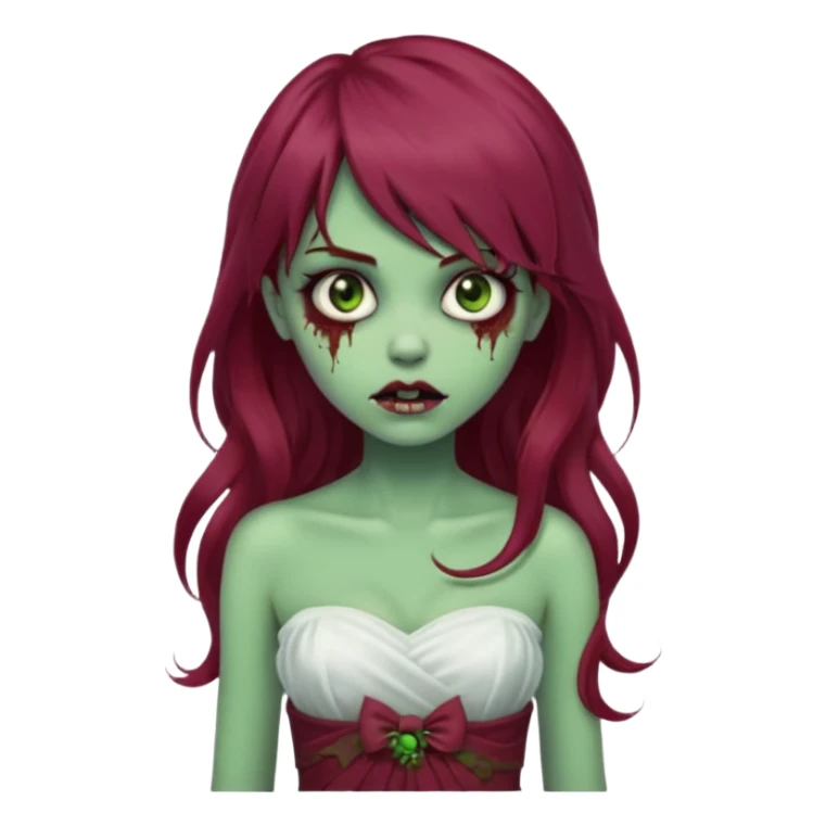 Faça uma garota com pele verde e que seja zombie, que tenha cabelo grande da cor vermelho marsala e que tenha uma franja e que seja liso mais enrolado nas pontas, e que esteja vestindo um sobre tudo(vestido sem alça) da cor branca  sticker