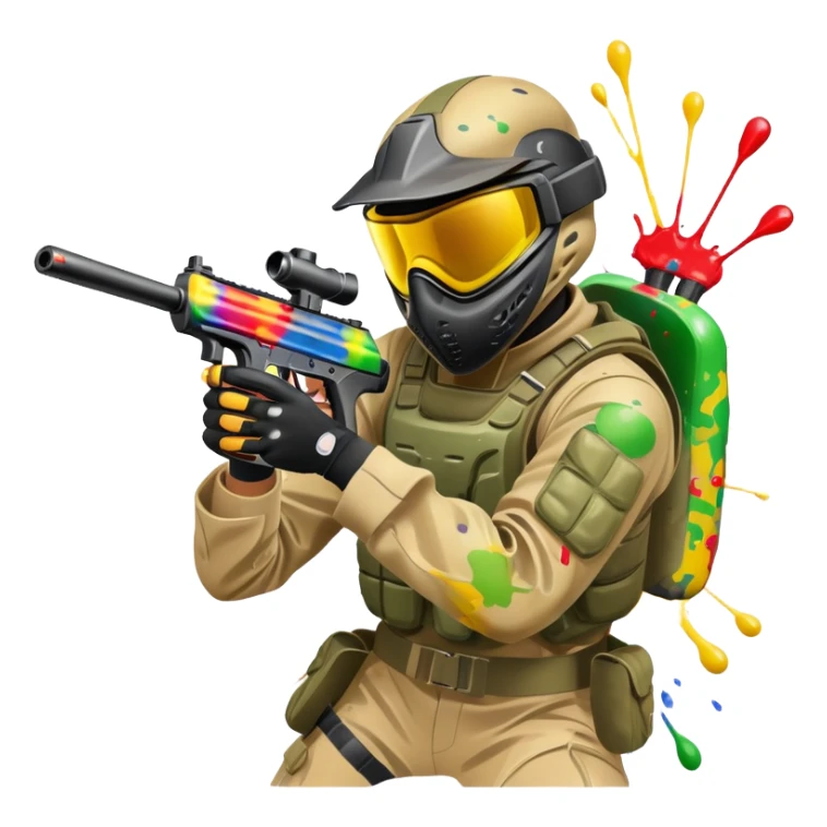 A paintball player in full gear, aiming a paintball gun with focus and determination. The scene includes vibrant splashes of paint and a dynamic battlefield setting, emphasizing action, strategy, and teamwork in a competitive environment sticker