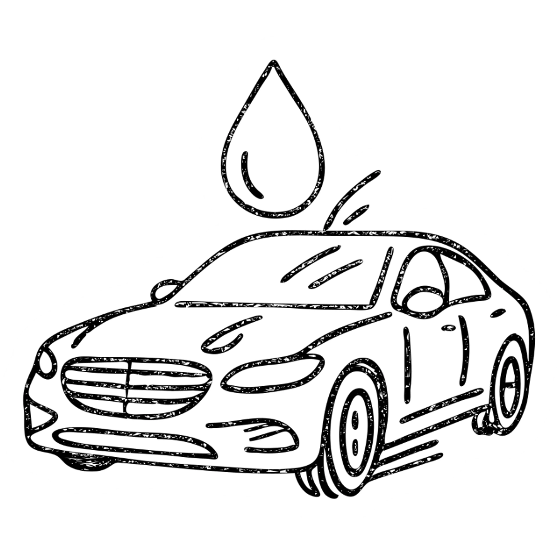 hand-drawn outlined icon of a full high-end vehicle with glossy black paint, water droplet sliding on the surface, subtle repellent effect with lines, clean and modern sticker