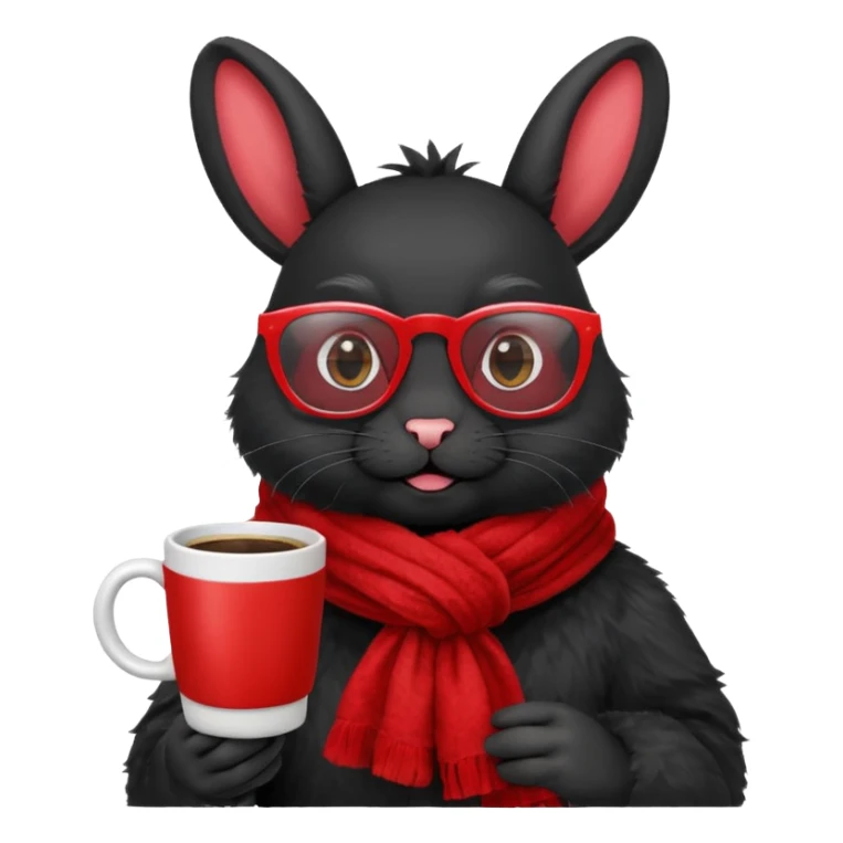Black rabbit, wearing red glasses, red scarf, holding coffee mug
 sticker