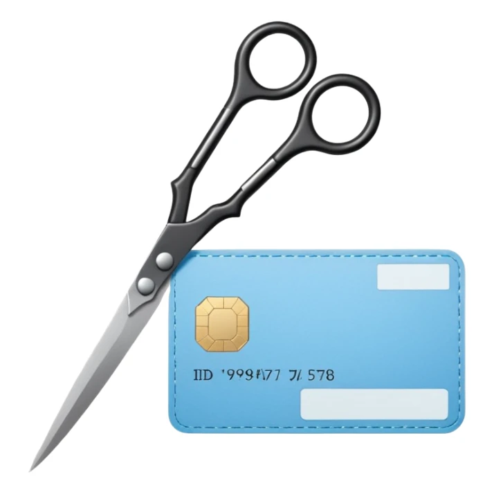 Floating black Scissors cutting a light blue idf ID card in 2 parts .hyper realistic sticker