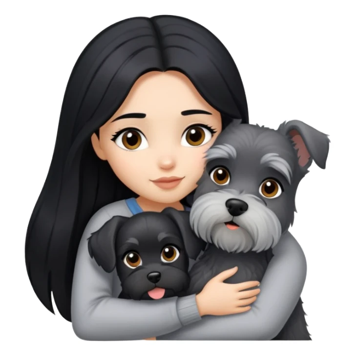 A beautiful girl with long black hair hugs a Schnauzer sticker
