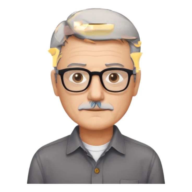 man 60 short dark grey hair, brown eyes small black rectangle glasses no beard sticker