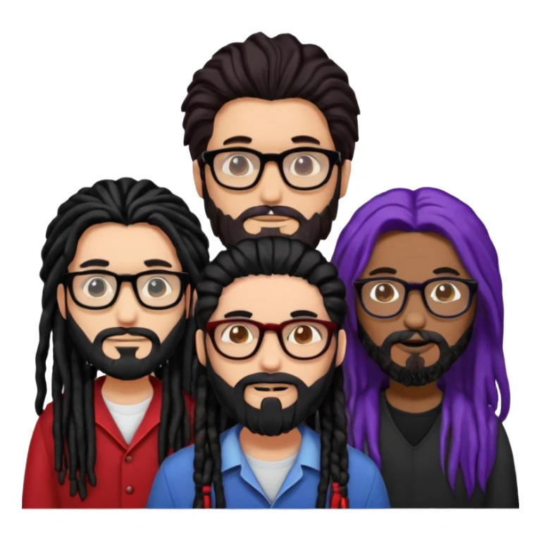 Three people standing together: on the left, a man with long hair, glasses, and a beard; on the right, a man with black dreadlocks with a red accent; in the center, a woman wearing glasses with violet-and-black hair sticker
