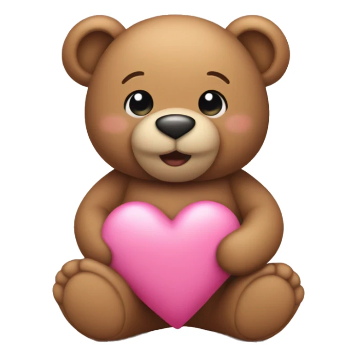 A  light brown teddy holding a pink heart sticker