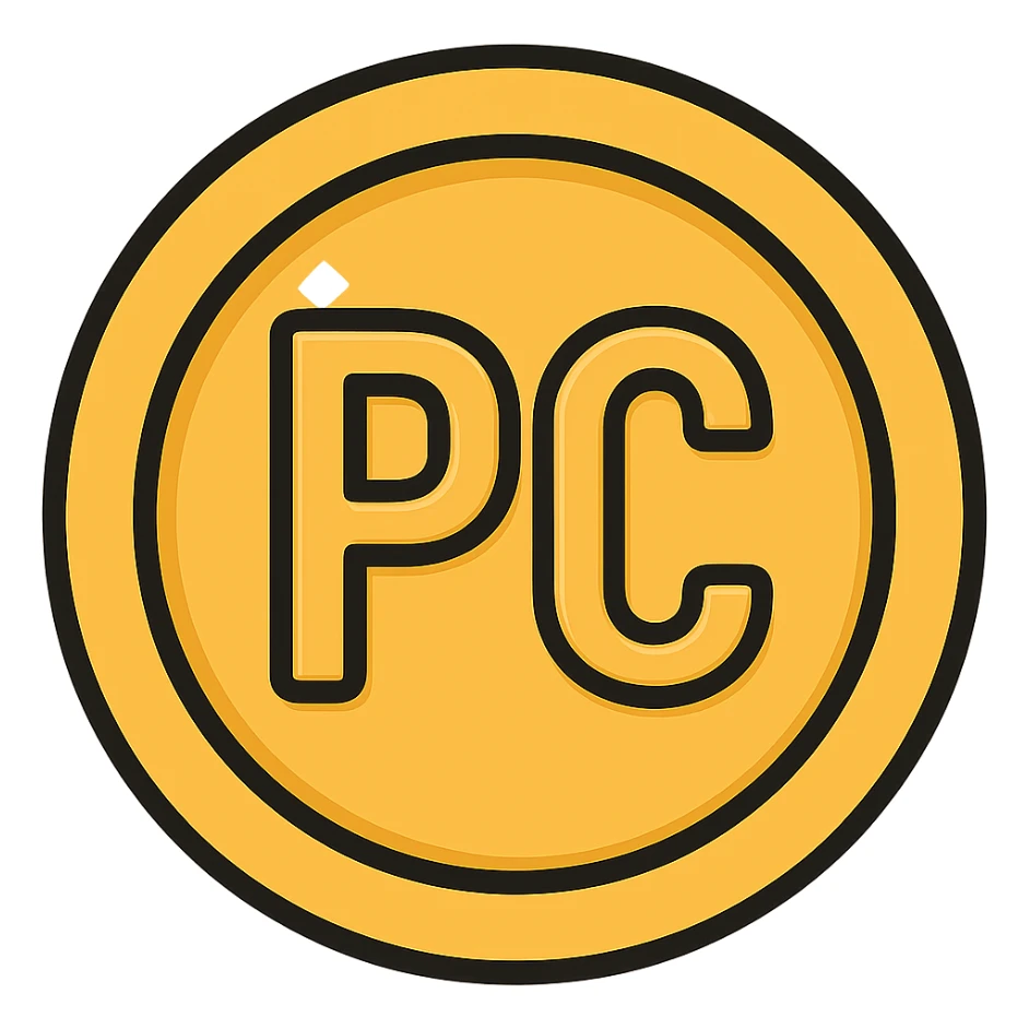 Add the text 'PC' in the center of the coin with an engraved or embossed effect, maintaining the shiny gold texture and look, in color outline style with no background. sticker
