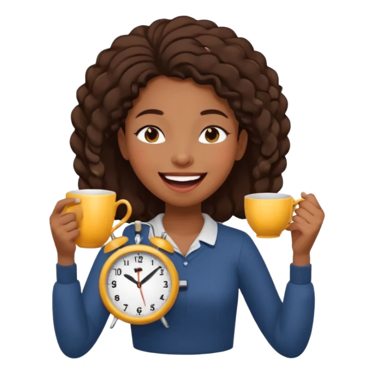 a black girl laughing with her eyes closed with a clock and tea in her hands sticker