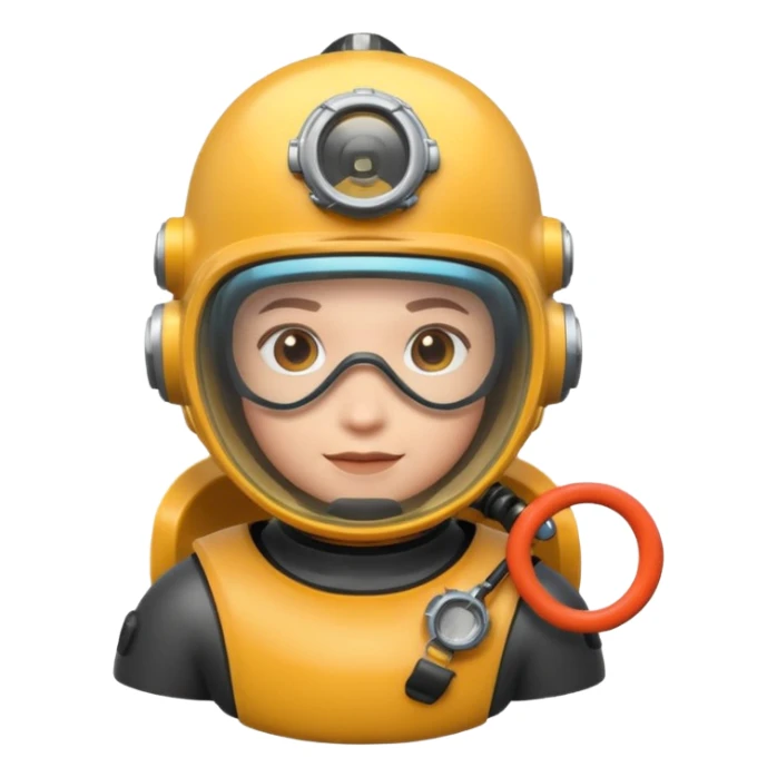 3D cartoon-style human character in the Apple emoji style, wearing a diving helmet with glass visor sticker