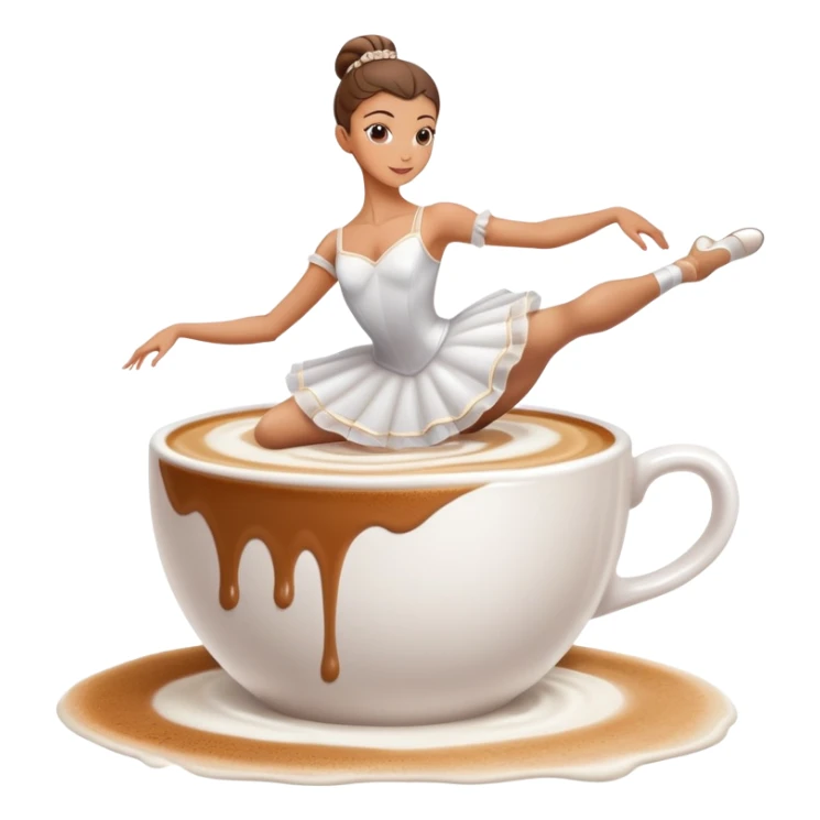 Ballerina dancer emerging from cappuccino foam, graceful pose, coffee cup sticker