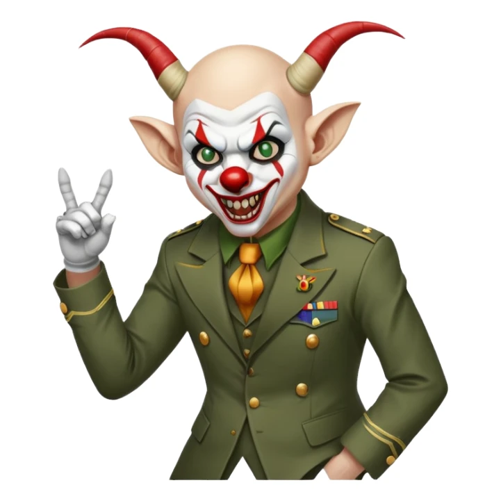 evil clown, bald, short goat horns on forehead, fangs, pointed ears, black and military green leisure suit, battle-ready fighting posture sticker