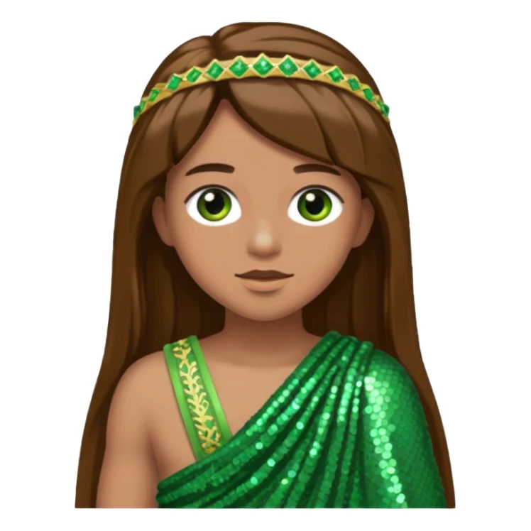 Terra from Roman Deities with long brown hair, green sequin toga sticker