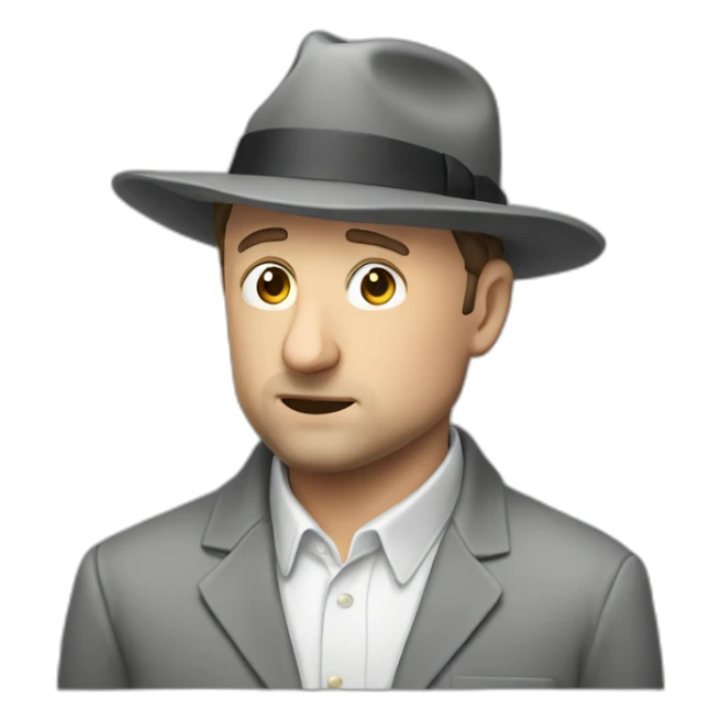 tim robinson wearing a grey fedora white shirt only looking scared and sad side view sticker