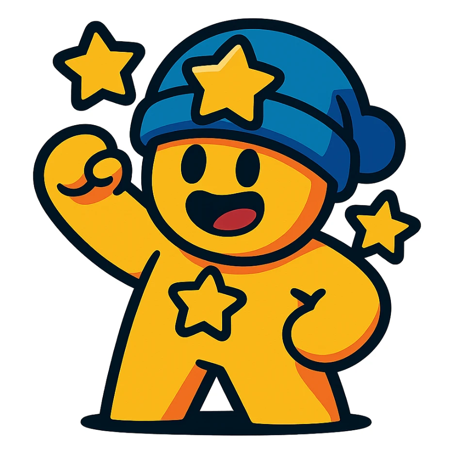 meeple character inspired by Brawl Stars, with star-shaped accessories, animated, fun sticker