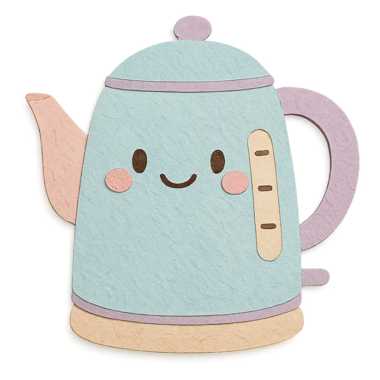 chibi electric kettle, full body, smiling face, pastel tones, hand-drawn style sticker