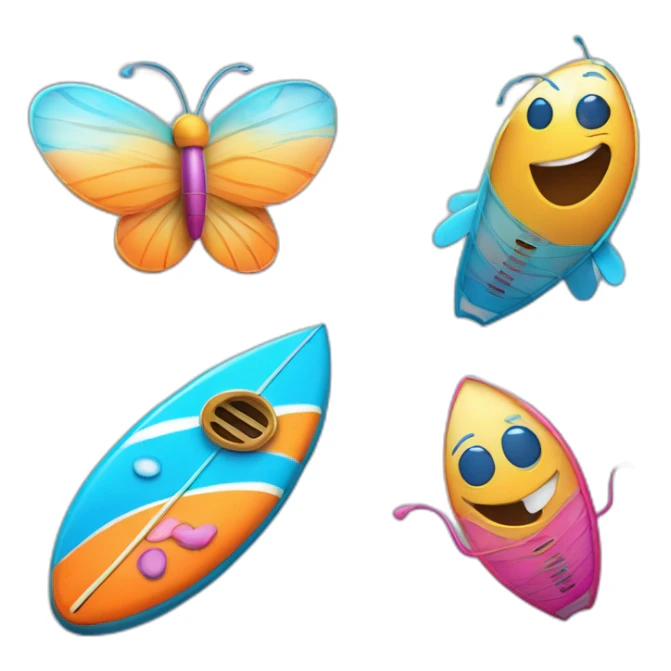 A surfboard Cartoon Blue and orange smiling with butterfly and and mikrophone Cartoon Blue and pink sin with buttefly sticker
