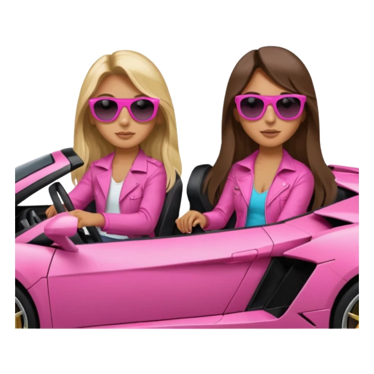 Add sunglasses Make car far away so I can see full car Car facing forward in sports car. Make hair long  two girls in car far away Front of car sitting in the seats. Make it a pink sports car. They are two baddies make it a Lamborghini pink car  sticker